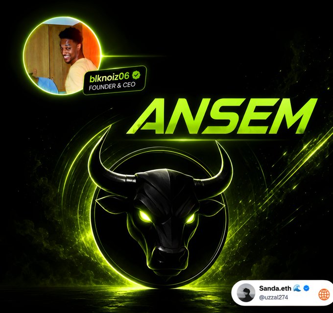 The image is a promotional graphic for the "$ANSEM" project featuring a glowing green bull logo, with a profile picture of "blknoiz06 - FOUNDER & CEO" (Antonio Daniels) in the top left and the "Sanda.eth (@uzzal274)" watermark in the bottom right. It illustrates the post's appreciation for how blknoiz06 collaborates with creators to make engaging content that grows the $ANSEM community.