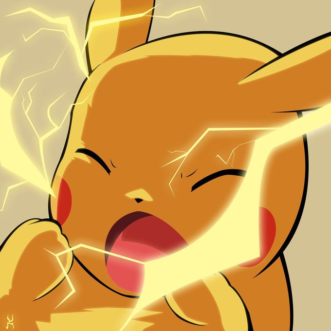 Digital illustration of Pikachu screaming with its eyes closed, surrounded by yellow electricity.