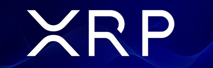 The image displays the white "XRP" logo against a deep blue gradient background with subtle wave patterns. It complements the motivational morning greeting by visually representing the XRP cryptocurrency ticker mentioned in the post.