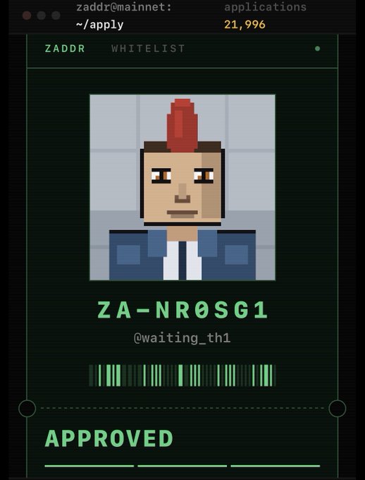 A terminal-style whitelist application screen showing a pixel-art character with a red mohawk, address 'ZA-NR0SG1', handle '@waiting_th1', and an 'APPROVED' status at the bottom.