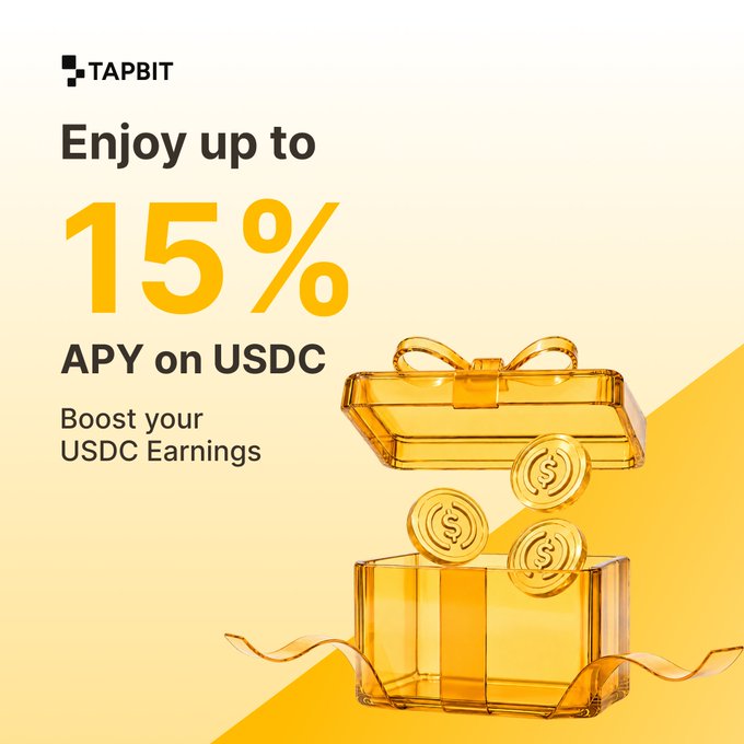 A yellow and white advertisement for TAPBIT reads 'Enjoy up to 15% APY on USDC' and 'Boost your USDC Earnings', featuring an image of a gift box filled with gold coins.