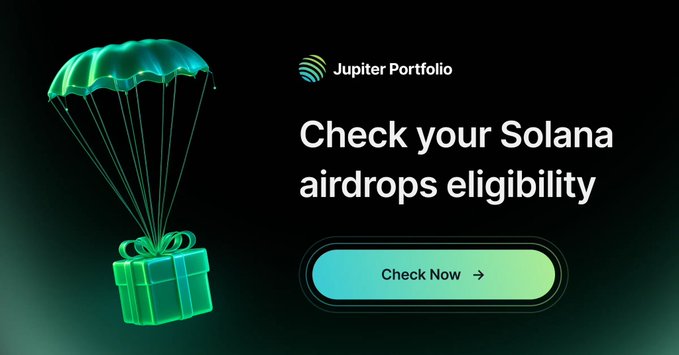 The image is a promotional graphic from Jupiter Portfolio with text reading "Check your Solana airdrops eligibility" and a "Check Now" button, featuring a glowing green gift box attached to a parachute.

The image relates to the post by promoting Jupiter's ($JUP) airdrop eligibility checker, which contrasts with the post's dismissiveness toward JUPuary airdrop talk and suggestion to burn remaining tokens.