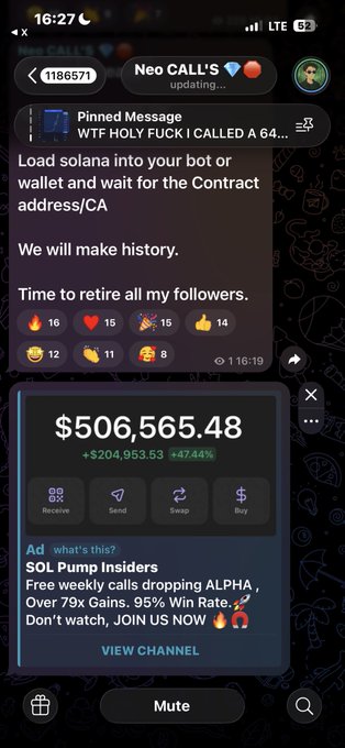 A Telegram chat screenshot showing a pinned message from "Neo CALL'S" about a Solana token launch, with a wallet balance of $506,565.48 (+$204,953.53 / +47.44%) and an advertisement for "SOL Pump Insiders".