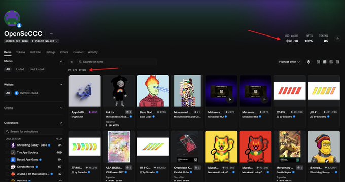 A screenshot of the OpenSea NFT marketplace showing the "OpenSeCCC" wallet with a 24H Volume of $30.1K and an Items tab displaying 73,455 items, including various NFTs like "Beaker," "Base God," and "Meltdown" listings. The image supports the post by showing the hacker attempting to list stolen NFTs from the Magic Eden exploit, though they appear frozen on the marketplace and unsellable.