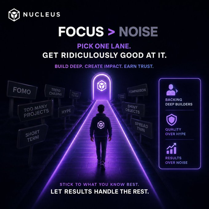 A motivational graphic from 'NUCLEUS' with the message 'FOCUS > NOISE - PICK ONE LANE. GET RIDICULOUSLY GOOD AT IT,' featuring signs for 'FOMO,' 'TREND CHASING,' 'SHORT TERM,' 'HYPE,' 'SHINY OBJECTS,' and 'SPREAD THIN.'