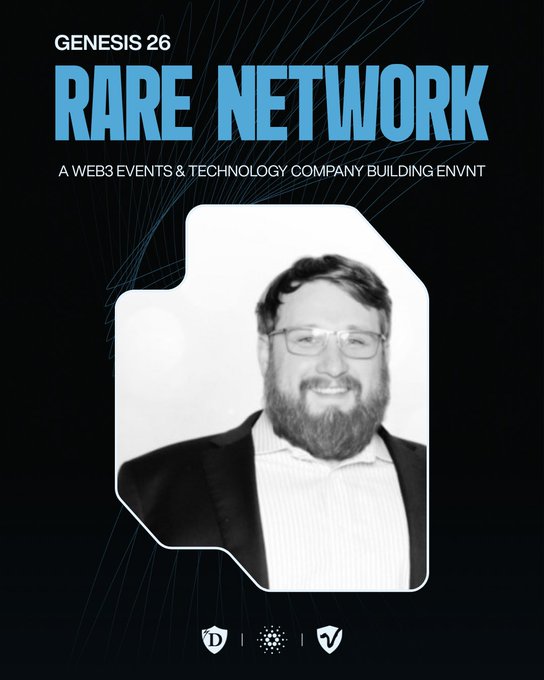Promotional graphic for 'GENESIS 26 RARE NETWORK' describing it as 'A WEB3 EVENTS & TECHNOLOGY COMPANY BUILDING ENVNT,' featuring a black-and-white photo of a bearded man.