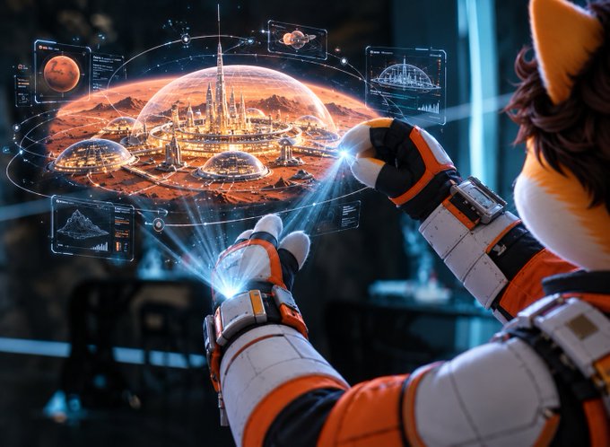 A sci-fi illustration of an anthropomorphic character in a futuristic spacesuit using a holographic interface to display a domed Mars colony.