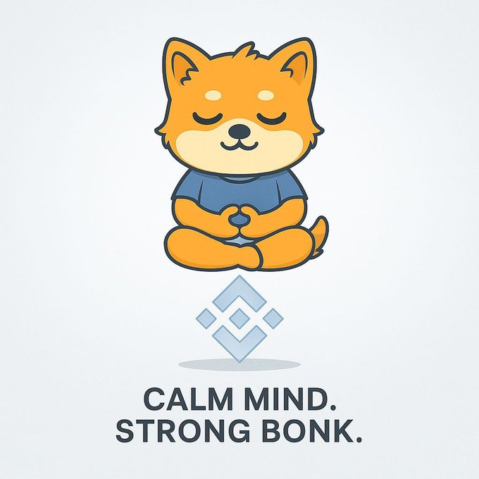 A cartoon illustration of a meditating Shiba Inu dog in a blue shirt floating above the Binance logo, with the tagline 'CALM MIND. STRONG BONK.'