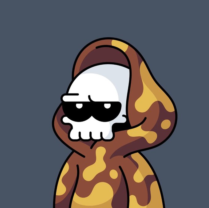 The image features a cartoon character, likely a skull or a skeleton, wearing a hooded sweatshirt with a camouflage pattern. The character has sunglasses on their face and appears to be looking down at something below them. The background of the image is dark blue, which contrasts with the colorful and detailed figure of the character. There are no other texts or objects in the image, making it a simple yet striking visual composition that highlights the unique design of the cartoon character.