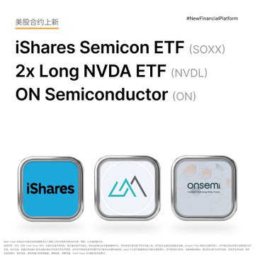 The image displays the Bybit TradFi U.S. stock perpetual contract new listings promo, featuring the iShares Semiconductor ETF (SOXX), 2x Long NVDA ETF (NVDL), and ON Semiconductor (ON), shown with their respective blue iShares, teal NVDL, and onsemi logos, highlighting the addition of these semiconductor-related tradable instruments to the platform.