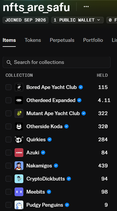 A mobile app screenshot shows an NFT portfolio under the username 'nfts_are_safu' (Joined Sep 2026), listing collections including Bored Ape Yacht Club (115), Otherdeed Expanded (4.11), Mutant Ape Yacht Club (322), Otherside Koda (320), Quirkies (284), Azuki (84), Nakamigos (439), CryptoDickbutts (94), Meebits (98), and Pudgy Penguins (9).