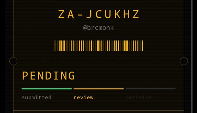 A dark interface shows a pending transaction review with the code 'ZA-JCUKHZ' by user @brcmonk, featuring a barcode and progress bar indicating the 'review' stage.