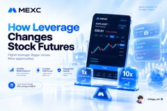 A promotional graphic for MEXC featuring 'How Leverage Changes Stock Futures' alongside an illustration of a smartphone showing trading charts and a cartoon mascot.