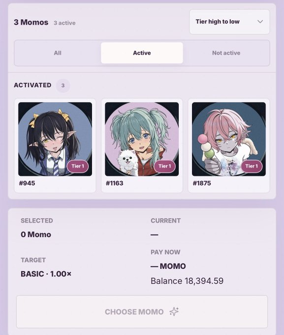 A mobile interface screenshot for a crypto-related platform showing three 'ACTIVATED' Tier 1 anime-style character cards (#945, #1163, #1875), with a 'CHOOSE MOMO' button and a balance of 18,394.59 displayed at the bottom.