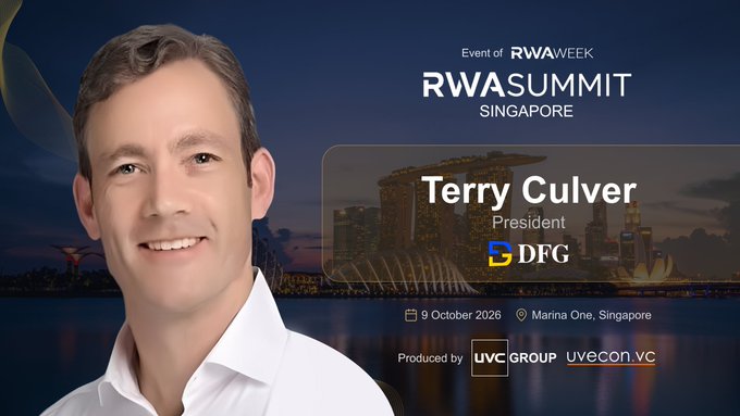 A promotional graphic for the RWASUMMIT Singapore features Terry Culver, President of DFG, with event details for 9 October 2026 at Marina One, Singapore.