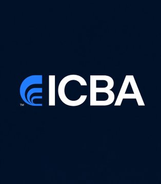 The image displays the ICBA (Independent Community Bankers of America) logo in white text with a blue stylized wave emblem on a dark navy background, accompanied by a "TM" trademark symbol. The logo corresponds to the news about community bankers, represented by the ICBA, suing the U.S. bank regulator over national trust charters for crypto firms.