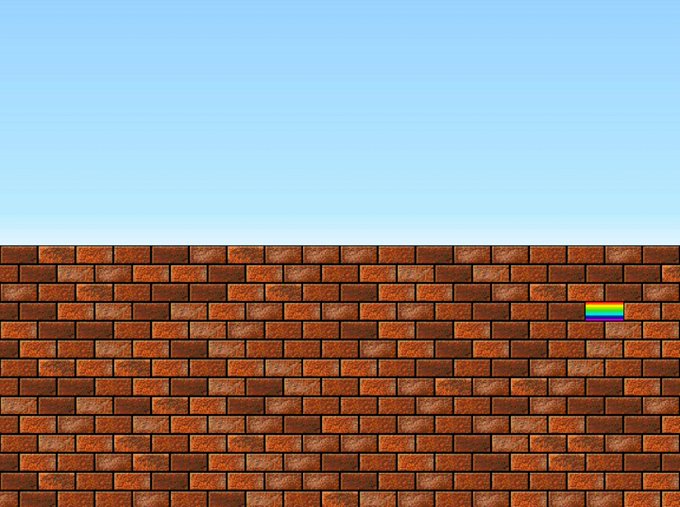 A pixel art style image showing a brick wall under a clear blue sky, with a small rainbow flag-like element visible on the right side of the wall.