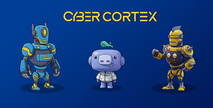 Three cartoon robot characters on a blue background under the title 'CYBER CORTEX'—a blue robot, a small purple/white robot with a leaf on its head, and a yellow armored robot.