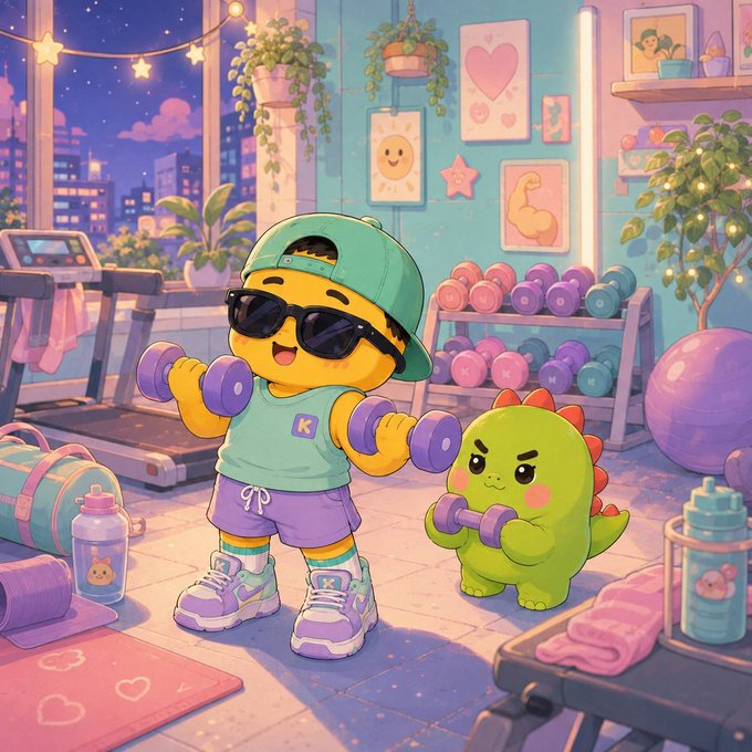 A colorful digital illustration of a yellow character wearing a green cap and sunglasses lifting purple dumbbells alongside a small green dinosaur also holding a dumbbell in a pastel gym setting.