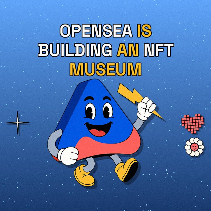 An animated blue and red mascot character holds a lightning bolt on a starry blue background with the text 'OPENSEA IS BUILDING AN NFT MUSEUM'.