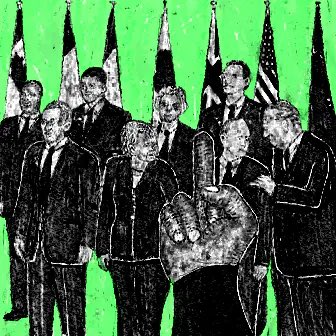 A stylized black and white illustration with a bright green background depicting a group of politicians, including one prominent figure in the center, standing in front of national flags with a hand pointing forward.