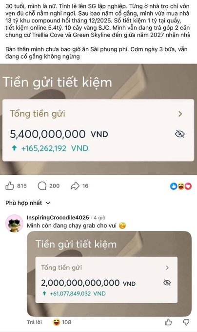 A Vietnamese social media post by a 30-year-old user detailing their startup journey, showing a savings account balance of 5,400,000,000 VND with a gain of 165,262,192 VND, alongside a reply showing 2,000,000,000 VND.