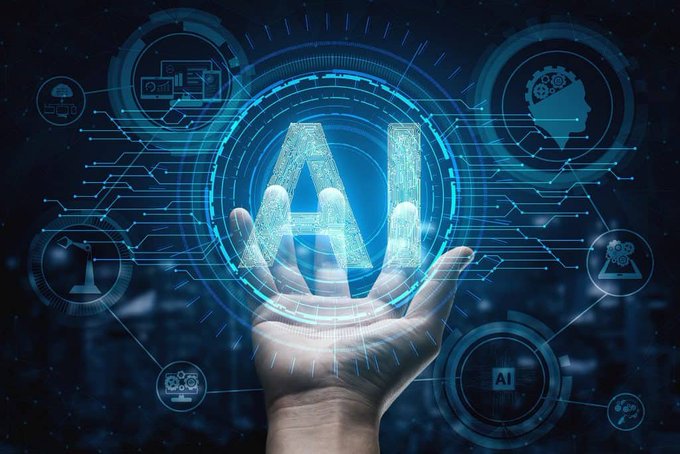 A hand reaching up toward a glowing blue holographic 'AI' interface surrounded by digital circuit patterns and icons.