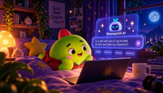 An illustrated green character uses a laptop in bed at night, interacting with 'Sleepagotchi AI' which asks 'Is it still self care if I go to bed at 3am but take my vitamins?!' with Sleep, Nutrition, Fitness, and Wellness category buttons.