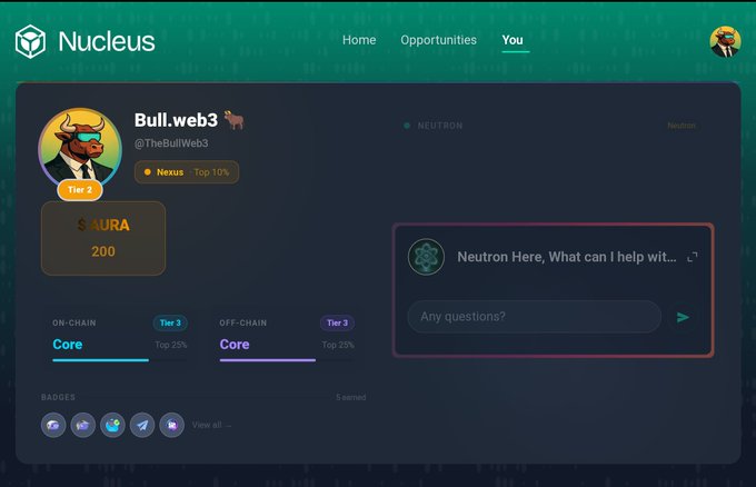 A screenshot of the Nucleus platform showing user 'Bull.web3' (@TheBullWeb3) at Tier 2 with 200 AURA, featuring a 'Neutron' AI chat interface.