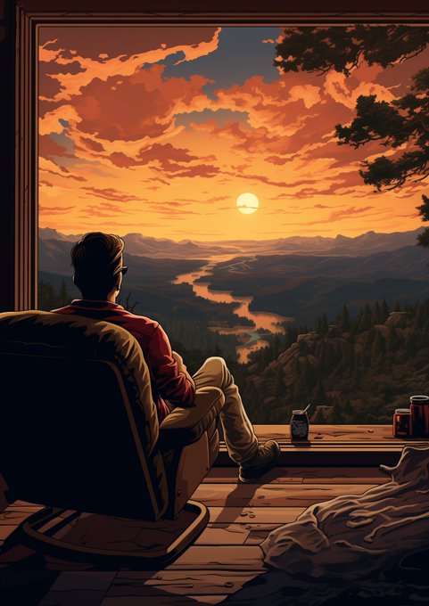 An illustration of a man in a red shirt sitting in a large armchair on a porch, looking out at a sunset over a vast valley and river landscape.