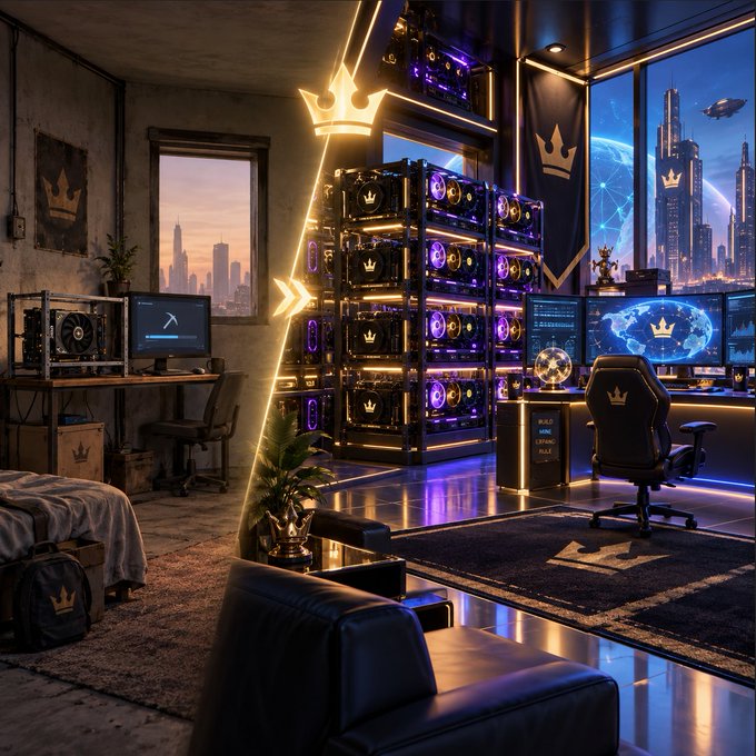 A futuristic gaming setup in a cyberpunk-style room with multiple monitors displaying a globe with a crown logo, a throne-like chair, and gold crown accents throughout the space.