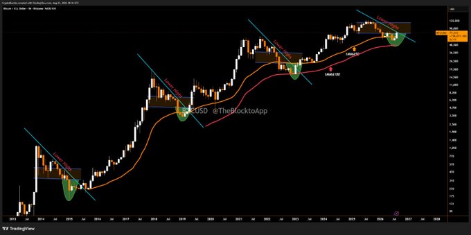 A TradingView candlestick chart of COIN, displaying price action from 2014-2028 with technical analysis including EMA100/200 moving averages and colored trend lines labeled with 'Fall Long' annotations.