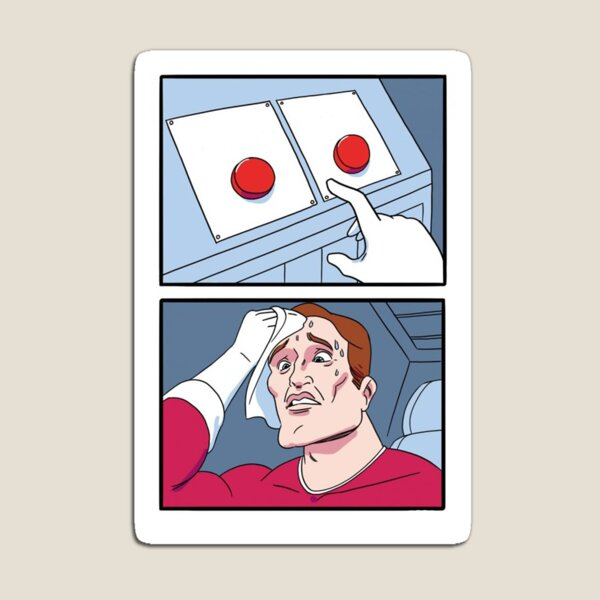 A two-panel comic-style illustration where the top panel shows a hand reaching toward a red button on a control panel, and the bottom panel depicts a sweating man wiping his forehead in distress.