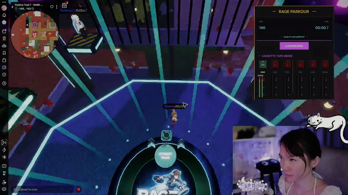 The image shows a woman playing a video game, specifically a game called "@decentraland", which appears to be a virtual reality game. The game's interface displays various elements such as a map, a character, and a scoreboard. A cat is also visible in the scene, possibly observing the gameplay or waiting for its turn. The woman seems to be enjoying herself while playing the game, and she has been at it for quite some time.