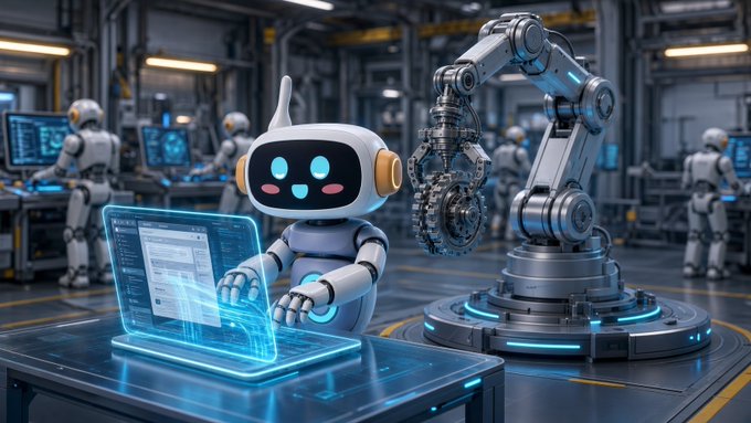 A cute white and yellow robot with blue glowing eyes sits at a futuristic workbench using a transparent blue holographic interface, with an industrial robotic arm and other humanoid robots visible in the background of a high-tech factory.
