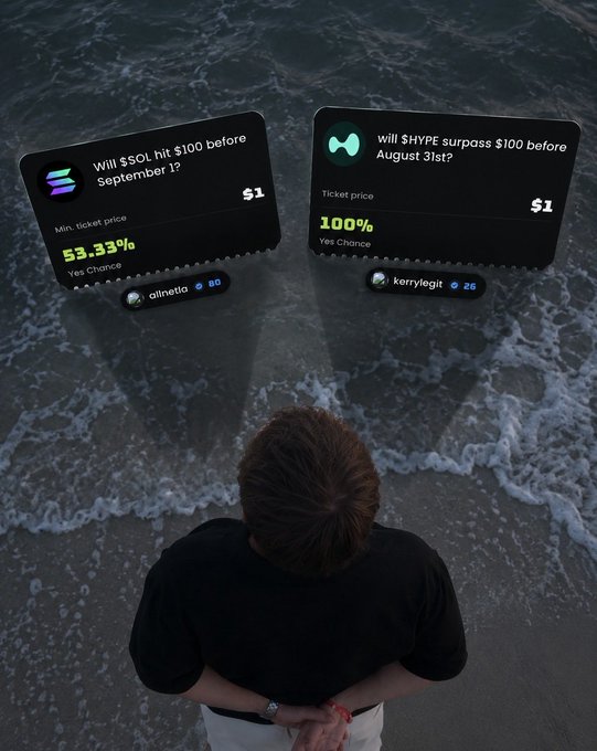 A man stands at the ocean's edge contemplating two floating prediction tickets—one asking "Will $SOL hit $100 before September 1?" with a 53.33% yes chance, and another asking "Will $HYPE surpass $100 before August 31st?" with a 100% yes chance—as he faces the impossible choice between betting on Solana or the rising Hyperliquid token.