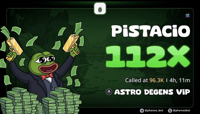 A Pepe the Frog cartoon holding stacks of money next to green text reading 'Pistacio 112x' and 'ASTRO DEGENS VIP', with 'Called at 96.3K | 4h, 11m' below.