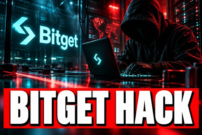 A stylized graphic depicting a hooded hacker at a laptop with the Bitget logo in the background, overlaid with bold text reading 'BITGET HACK'.