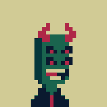 A pixel art portrait of a green-skinned demon or devil character with red horns, sharp teeth, and a wide grin against a yellow background.