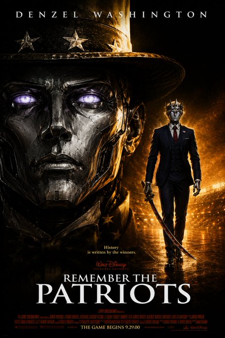 A movie-style poster titled 'REMEMBER THE PATRIOTS' starring Denzel Washington, featuring a metallic-faced character wearing a stars-and-stripes hat and a suited figure holding a sword, with text 'History is written by the winners.' and 'THE GAME BEGINS 9.29.00'.