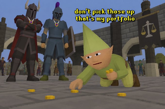 A stocky green gnome in Old School RuneScape kneels on the ground collecting coins on a portfolio, with text above reading "don't pick those up that's my portfolio," while armored knights stand behind him—humorously illustrating the struggle of having an underperforming stock portfolio with the caption "$GP".