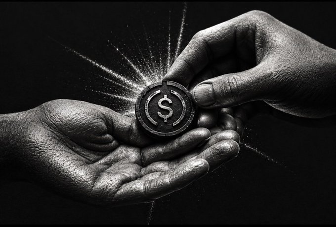 The image shows a black and white illustration of a coin being handed from one hand to another, with an exclamation mark placed over the top right corner of the coin. The background appears to be a plain white wall or surface. There is no text visible in this particular part of the image. The focus on what's above the coin implies that there might be some significance related to the content being shared about the coin, possibly related to its value or origin.