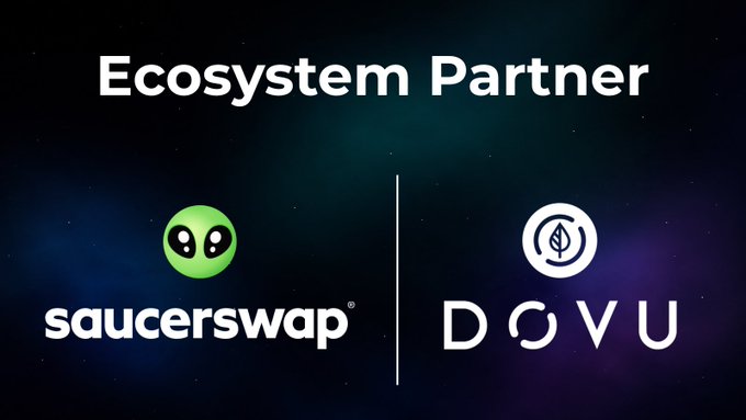 A promotional graphic displays the text 'Ecosystem Partner' above the logos for 'saucerswap' and 'DOVU'.
