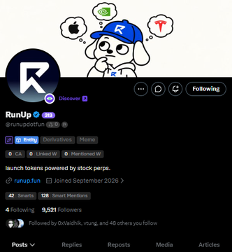 The image shows the Twitter/X profile of RunUp (@runupdotfun), featuring a dog mascot with an "R" cap alongside Apple, Tesla, and Binance logos, reflecting its identity as an Injective launchpad for leveraged stock tokens. The accompanying post announces the launch of their platform token $RUNNER with a 1B supply, with whitelisting at 03:30 pm UTC and public curve at 04:30 pm UTC.
