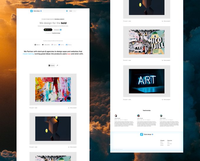 Two screenshots of the 'Stats design' website displayed against a cloudy sky background, showing a design agency page with the tagline 'We design for the bold' alongside various project thumbnails including abstract art and neon signage, with testimonials at the bottom.