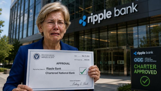 The image shows a woman holding up her approved charter bank certificate, Ripple National Bank, with a serious expression on her face. She appears to be expressing frustration or disappointment due to Ripple National Bank's decision of being declined for inclusion into the U.S. banking system. The text in the image indicates that she is demanding the hand over these sensitive documents as an appeal by Ripple National Bank, and there is speculation about whether Ripple will ever become a part of this country's banking system.
