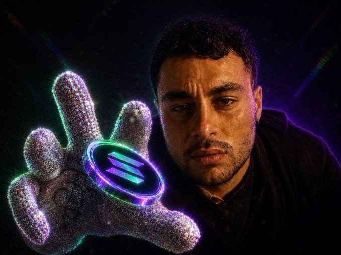 A man with a serious expression holds out a glowing, holographic hand displaying the Solana logo, reinforcing the post's message of momentum and forward progress for the SOL token.