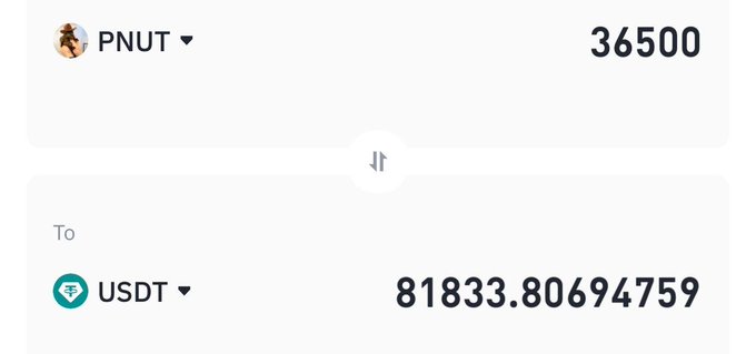 A cryptocurrency exchange interface showing a swap from PNUT (36500) to USDT (81833.80694759).
