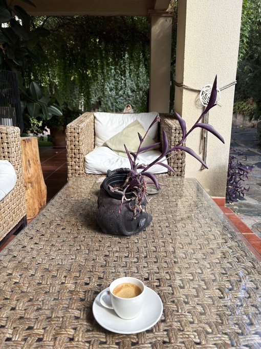 A peaceful patio setting with a cup of coffee on a saucer placed on a woven table next to a dark ceramic vase holding a purple plant.