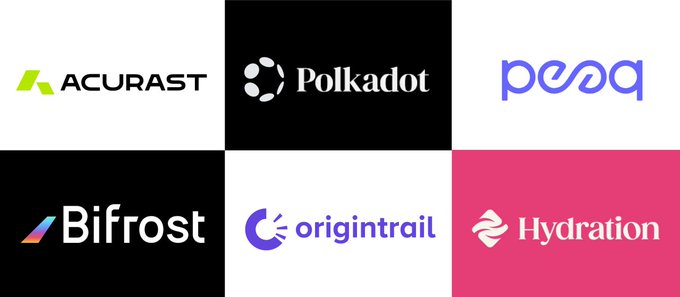 The image features a grid of six logos, each representing a different company or brand. The logos are arranged in two rows of three against a black background. The first row includes logos for Polkadot, Bifrost, and Originintrail, while the second row showcases logos for Polkadot Roundup, Bifrost, and Hydration. Each logo is accompanied by a caption that provides information about the company or brand it represents.